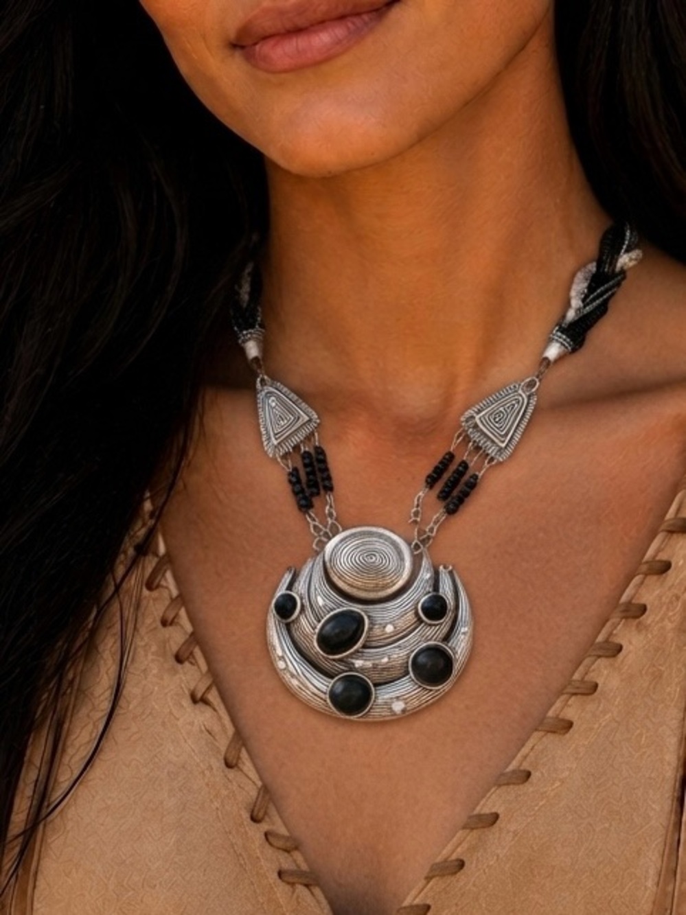Statement Silver Tone & Black Bead Bib Necklace Boho Tribal Chic
